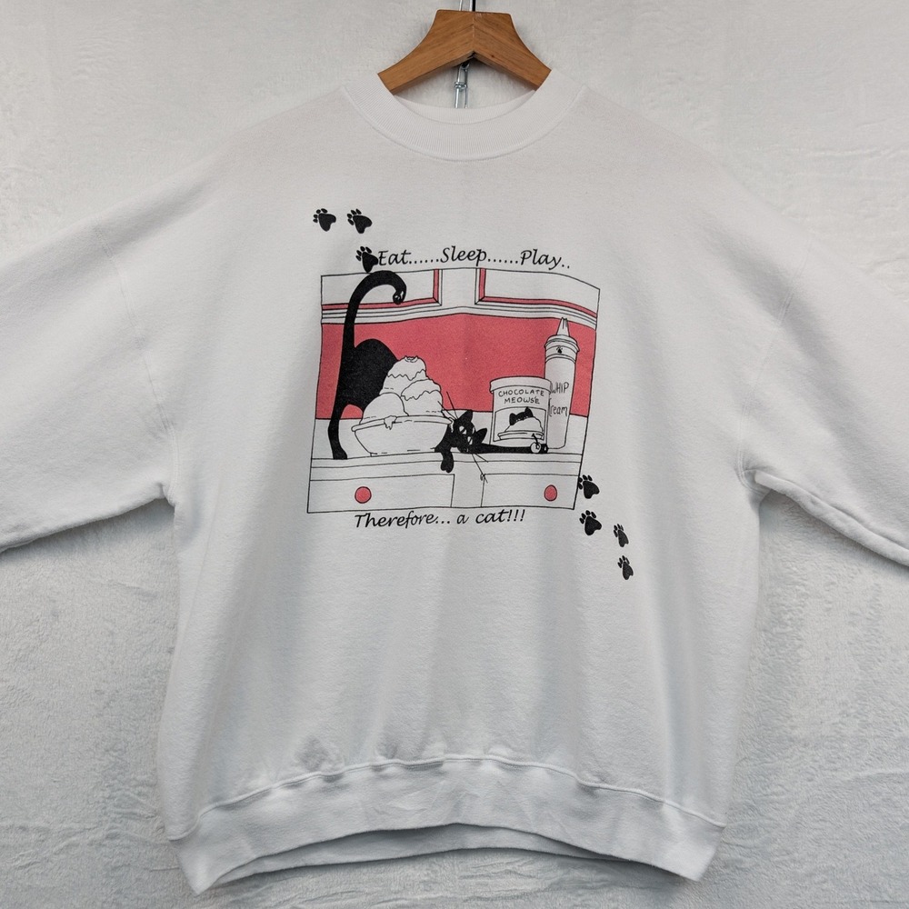 VTG Humor Sweatshirt Men's XL White Cat Graphic Animal Cute Boxy Cartoon 90s - Picture 7 of 12